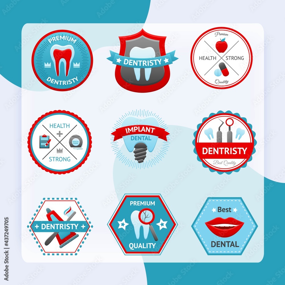 Dental emblem set with premium quality stomatology labels isolated vector illustration