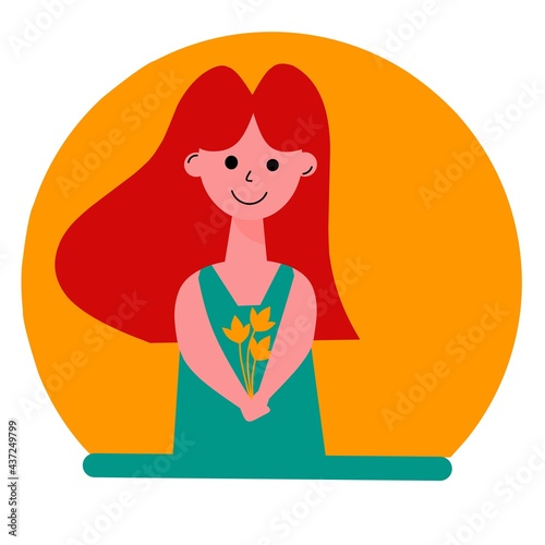 Flat design Ilustration character of girl holding flowers on her hand Avatar background. Vector Ilustration.