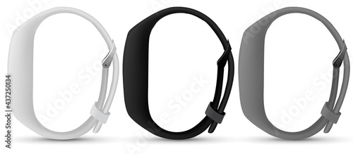 Fitness tracker Sport bracelet with screen. Black fitness bracelet or smart watch, time and pulse on the bracelet screen.
