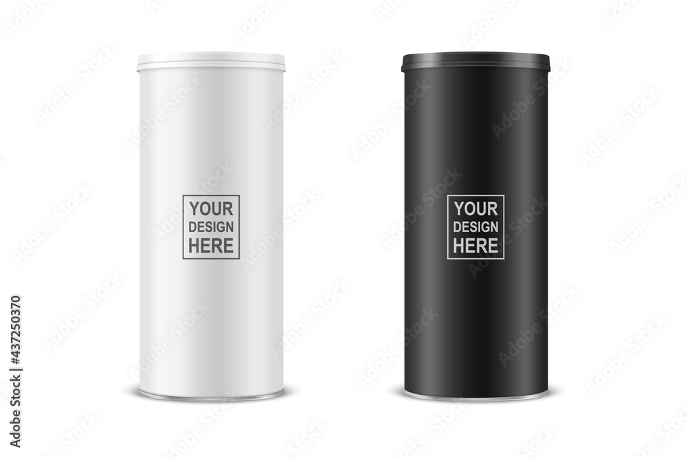 Vector 3d Realistic Blank Glossy White, Black Metal Tin Can, Canned Food, Potato Chips Packaging With Lid Set Isolated On White Background. Design Template, Mockup. Front View Vector 3d Realistic Blank Glossy White, Black Metal Tin Can, Canned Food, Potato Chips Packaging With Lid Set Isolated On White Background. Design Template, Mockup. Front View