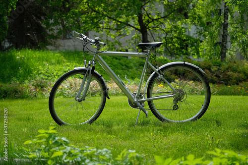 Fahrrad grüne Wiese Rasen Garten Sonnenschein Herrenrad silber Trekkingrad Gebrauchtwarenhandel online-marketing Produktphotografie