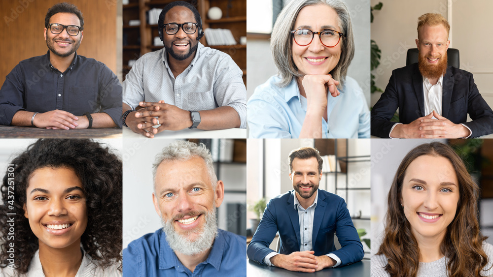 Morning meeting online. App for video connection for corporate coworkers, online platform for virtual conference, webinars, online briefing. A lot of diverse people office colleagues on the screen