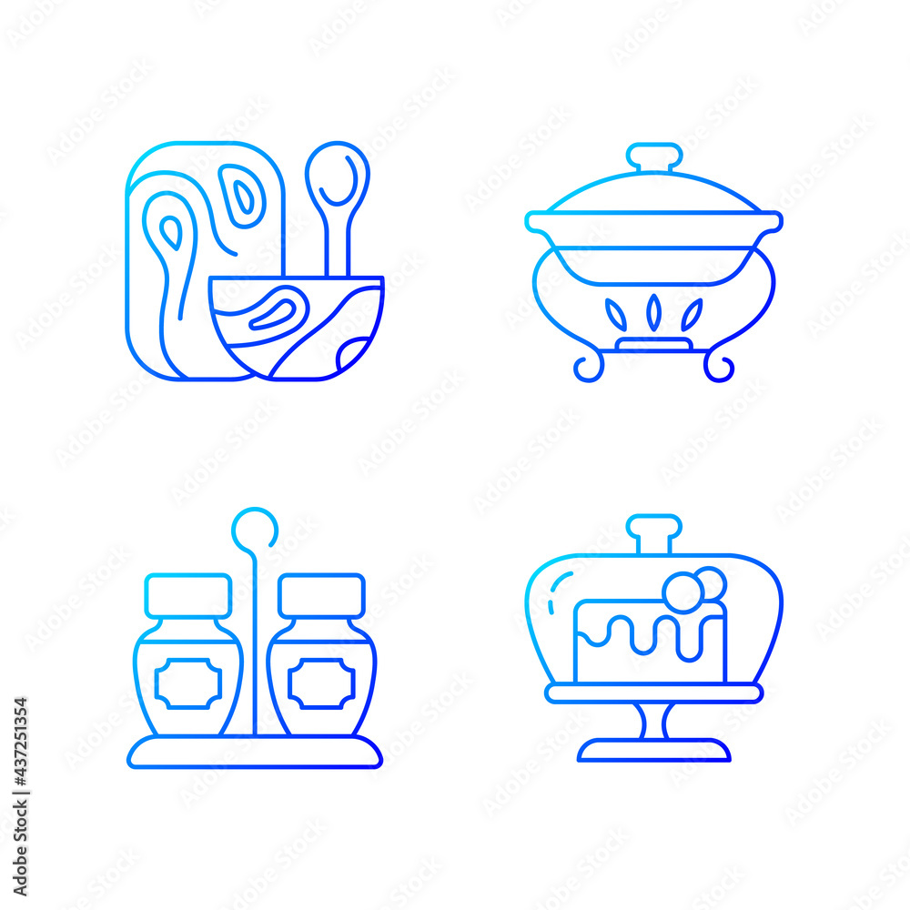 Modern tableware gradient linear vector icons set. Wooden tableware for kitchen. Warming tray for meal. Thin line contour symbols bundle. Isolated vector outline illustrations collection Modern tableware gradient linear vector icons set. Wooden tableware for kitchen. Warming tray for meal. Thin line contour symbols bundle. Isolated vector outline illustrations collection