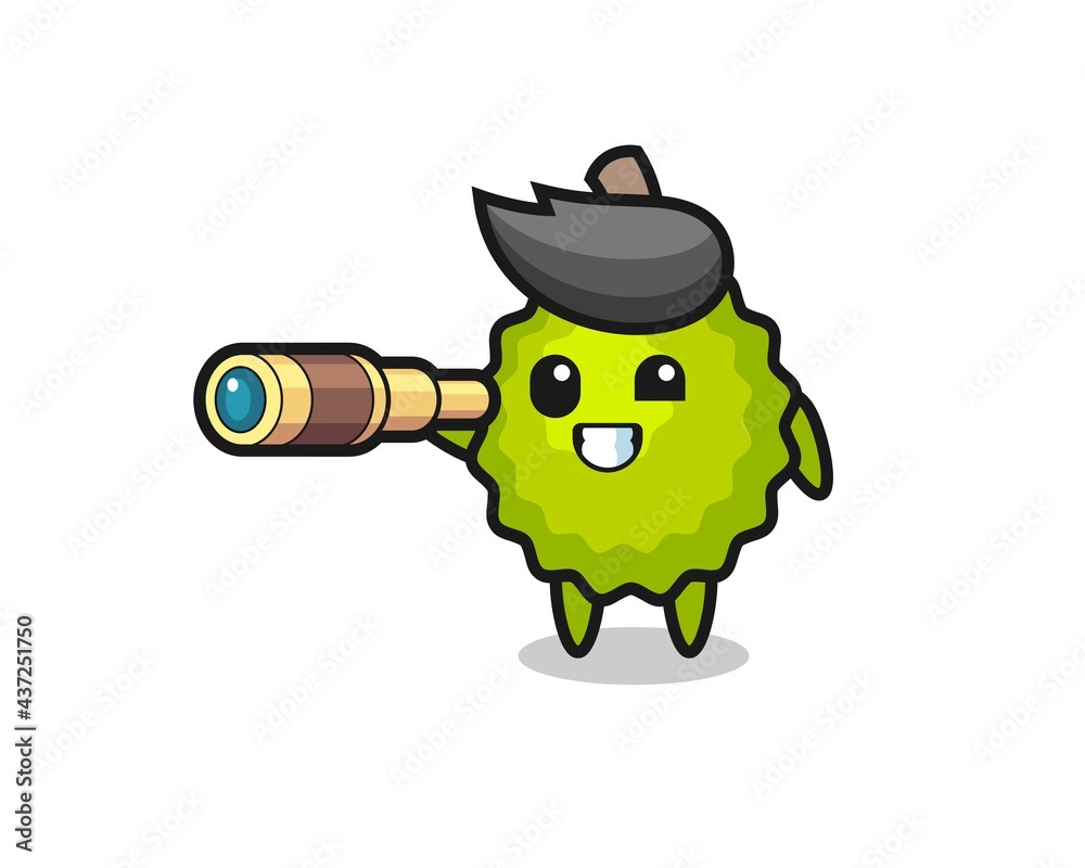 Naklejka premium cute durian character is holding an old telescope
