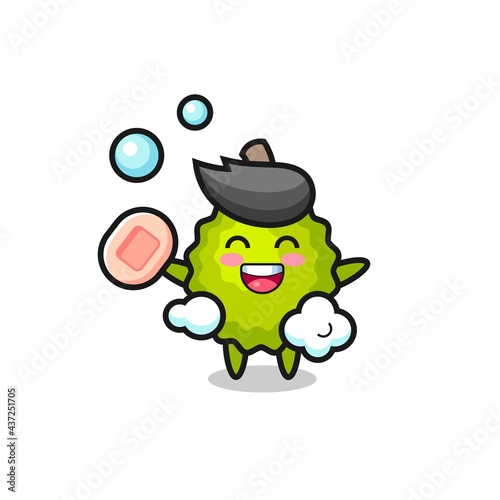 durian character is bathing while holding soap