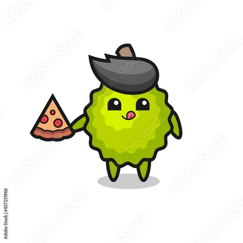 cute durian cartoon eating pizza