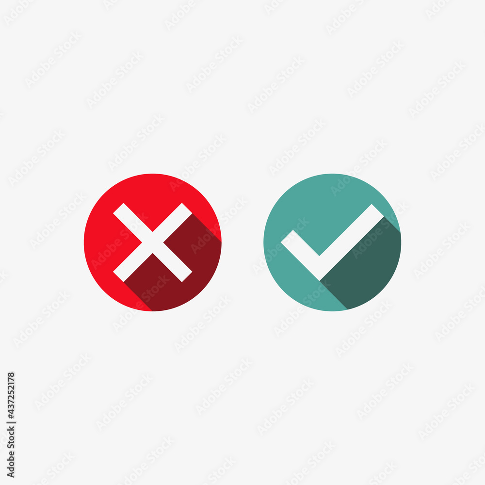 Green tick symbol and red cross in circle. Icons for assessment exam. Vector Green tick symbol and red cross in circle. Icons for assessment exam. Vector