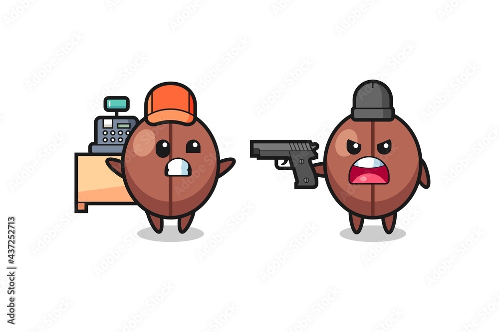 illustration of the cute coffee bean as a cashier is pointed a gun by a robber illustration of the cute coffee bean as a cashier is pointed a gun by a robber