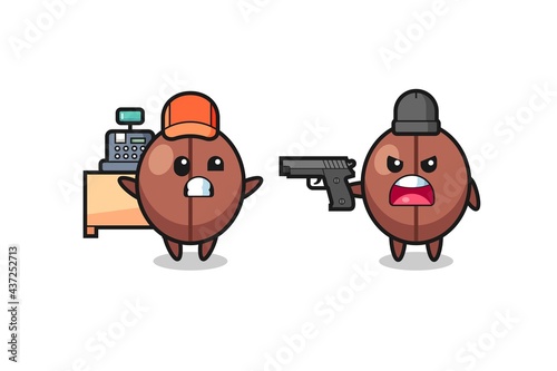 illustration of the cute coffee bean as a cashier is pointed a gun by a robber