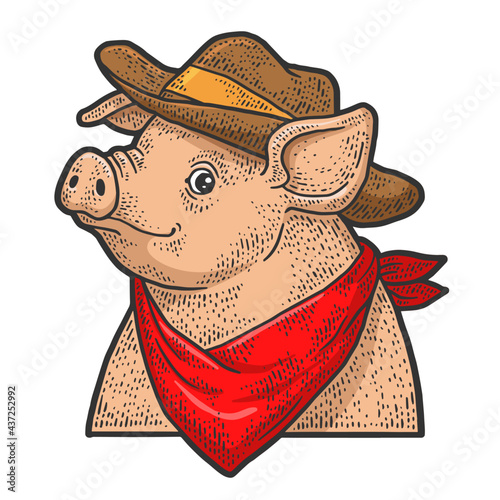 Cartoon cowboy piggy color line art sketch engraving vector illustration. T-shirt apparel print design. Scratch board imitation. Black and white hand drawn image.
