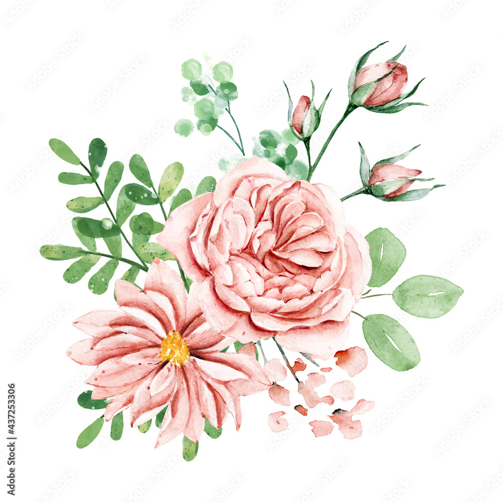 Pink flowers english rose with buds, watercolor floral clipart. Bouquet ...