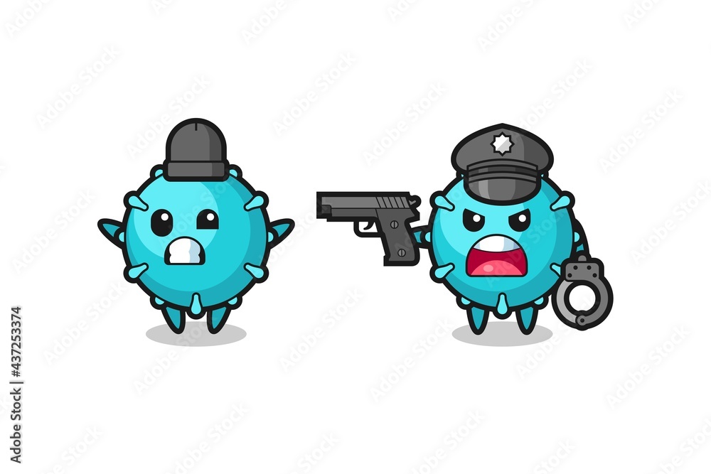 Fototapeta premium illustration of virus robber with hands up pose caught by police