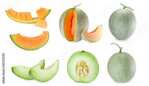 set of fresh green and yellow melons isolated on white background.