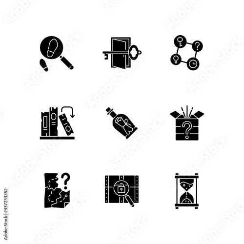 Puzzle solving black glyph icons set on white space. Investigate footprints. Message in bottle. Find clues for riddles. Part of quest. Silhouette symbols. Vector isolated illustration