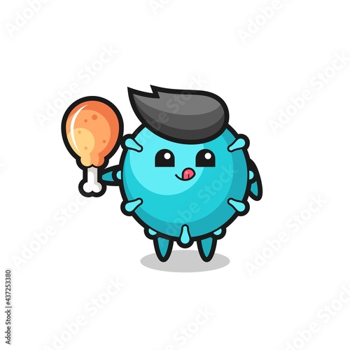 virus cute mascot is eating a fried chicken