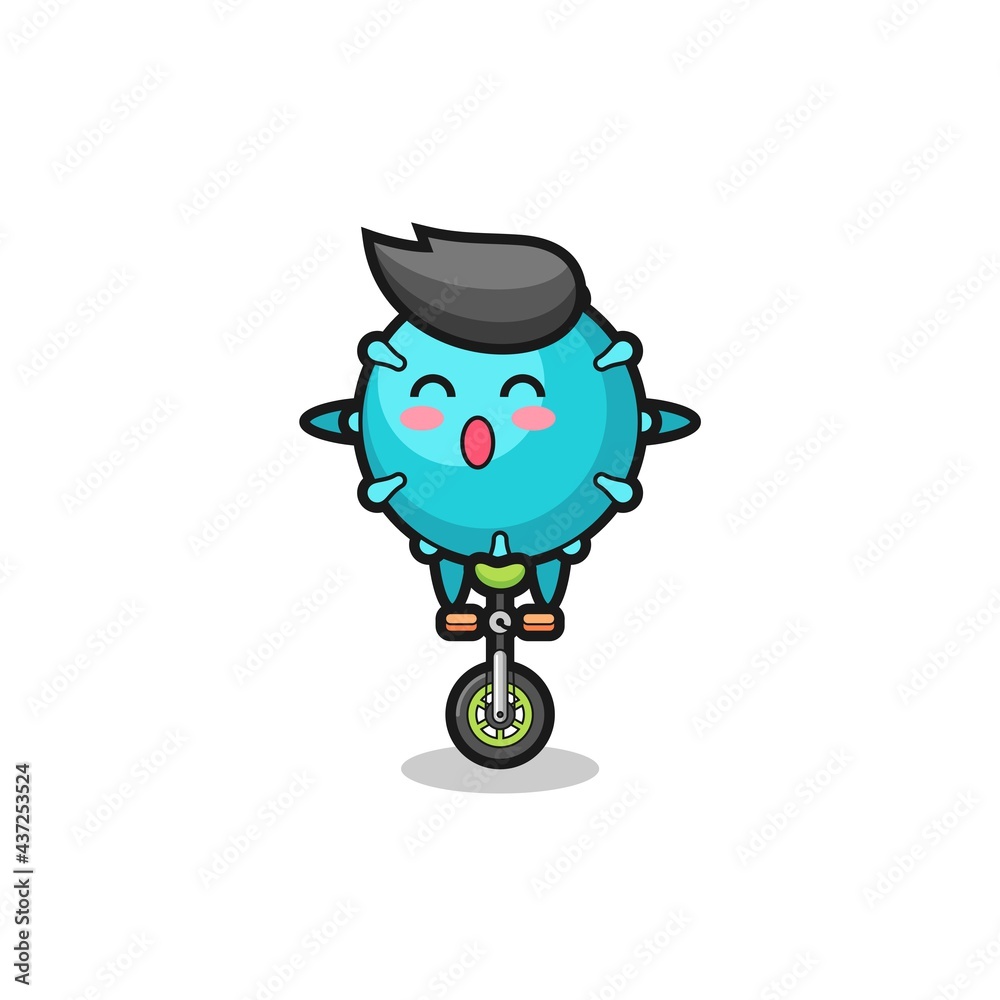 The cute virus character is riding a circus bike The cute virus character is riding a circus bike