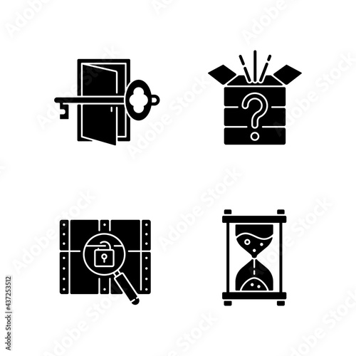 Puzzle black glyph icons set on white space. Find key to get out. Mystery box. Time countdown. Clues for riddle. Part of mystery quest. Silhouette symbols. Vector isolated illustration