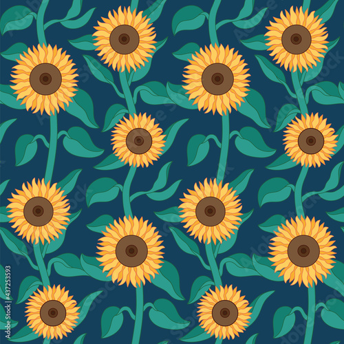 Unique sunflower vector seamless pattern design. Awesome for spring summer vintage fabric, textile, wallpaper, scrapbooking, gift wrap, accessories, and clothing. Surface pattern design.