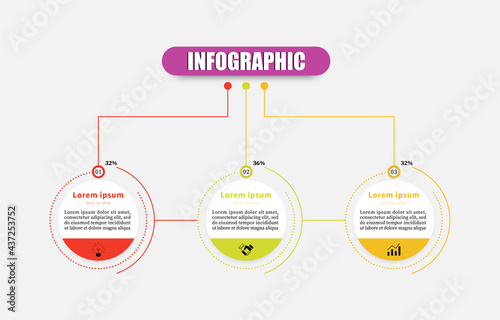 Vector design minimal business infographics template with 3 steps, options, marketing icons. Vector circle business infographic with three elements. Use for presentation, diagram, banner, web design.