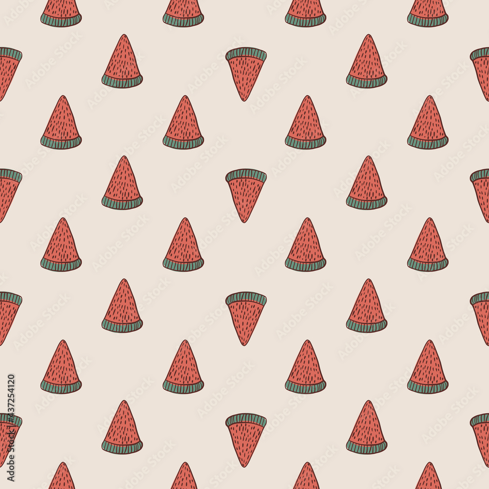 Summer fresh seamless pattern with little red watermelon slice print. Pastel background. Food backdrop. Summer fresh seamless pattern with little red watermelon slice print. Pastel background. Food backdrop.