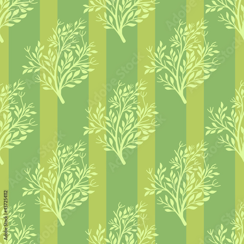 Organic forest seamless pattern with doodle tree silhouettes shapes. Green striped background.