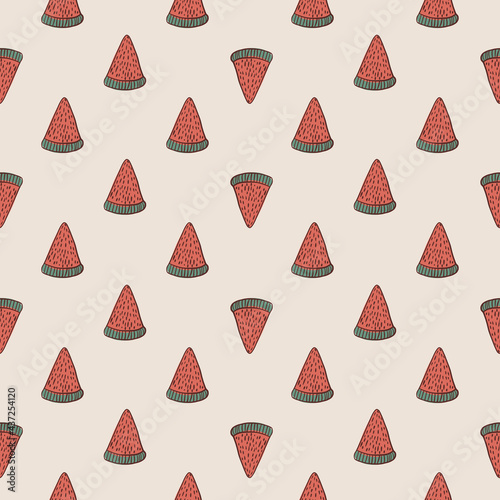 Summer fresh seamless pattern with little red watermelon slice print. Pastel background. Food backdrop.