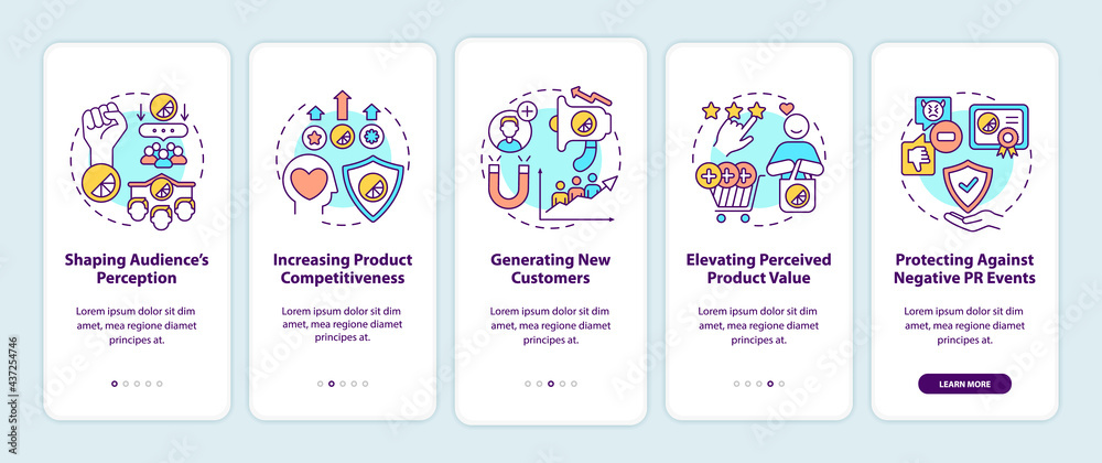 Strong brand benefits onboarding mobile app page screen with concepts. Shaping audience perception walkthrough 5 steps graphic instructions. UI, UX, GUI vector template with linear color illustrations