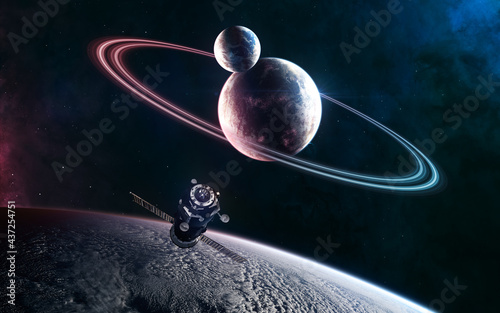 Fototapeta Naklejka Na Ścianę i Meble -  Deep space planets in light of blue and red star. Orbital space station. Science fiction. Elements of this image furnished by NASA