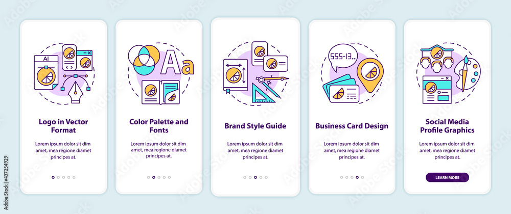 Business branding services onboarding mobile app page screen with concepts. Logo in vector format walkthrough 5 steps graphic instructions. UI, UX, GUI vector template with linear color illustrations
