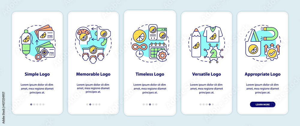 Logo design principles onboarding mobile app page screen with concepts. Simple, memorable logo walkthrough 5 steps graphic instructions. UI, UX, GUI vector template with linear color illustrations Logo design principles onboarding mobile app page screen with concepts. Simple, memorable logo walkthrough 5 steps graphic instructions. UI, UX, GUI vector template with linear color illustrations
