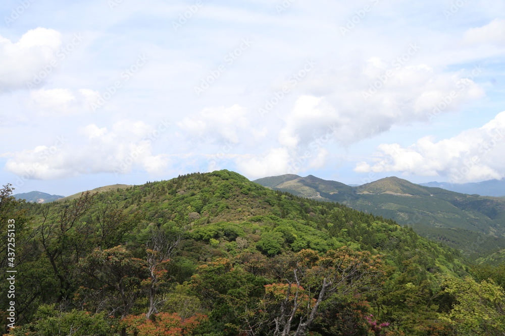 伊豆山稜歩道の風景。伊豆の山々の尾根道を歩くコース。伊豆の高原、山々を眺めを楽しみながらのウオーキング。　　猫越岳展望台からの眺め。