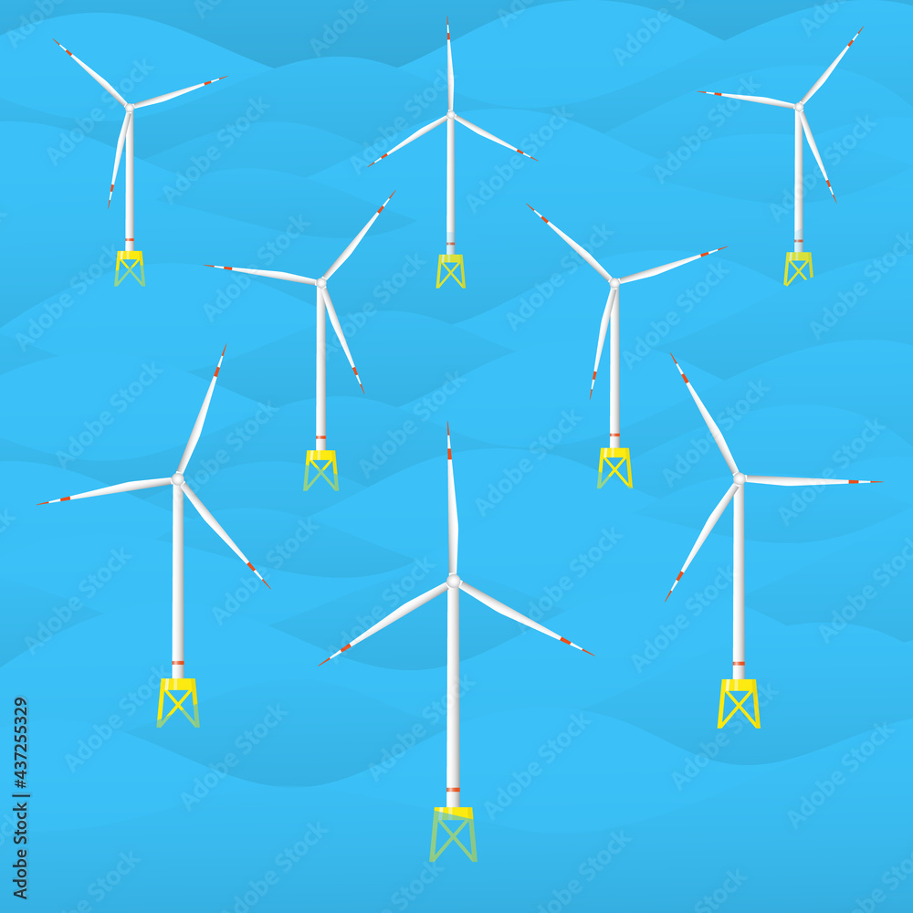 Offshore wind farm. Sea wind turbines. Wind power station at sea ...