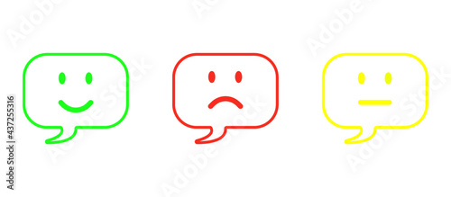 balloon icon with smiley face, speech bubble with emoticon face icon with tick signs for web, app, software use - feedback, rating, satisfaction, customer service concept