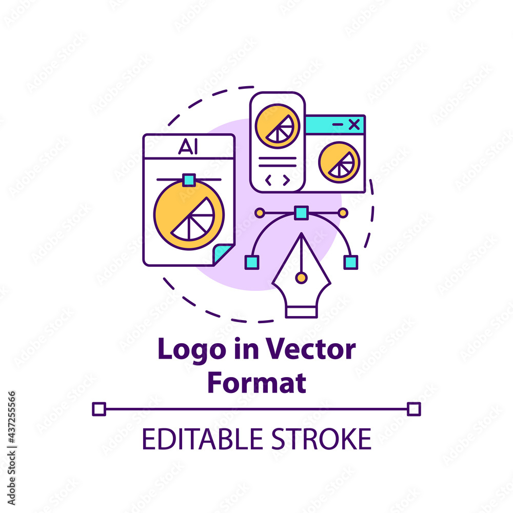Logo in vector format concept icon. Business branding service abstract idea thin line illustration. Scalability. Visual logotype representation. Vector isolated outline color drawing. Editable stroke Logo in vector format concept icon. Business branding service abstract idea thin line illustration. Scalability. Visual logotype representation. Vector isolated outline color drawing. Editable stroke