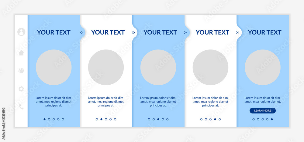 Fototapeta premium Promoting startups onboarding vector template. Product management. Responsive mobile website with icons. Web page walkthrough 5 step screens. Building business portfolio color concept with copy space