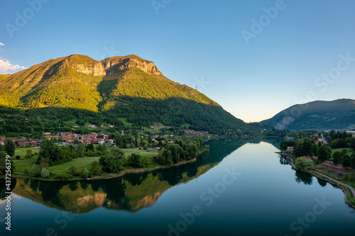 Panorama of Endine Lake , the lake is located near Bergamo in Cavallina Valley , Italy Lombardy.