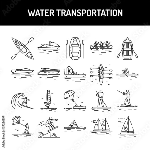 Water transportation line icons set. Isolated vector element.