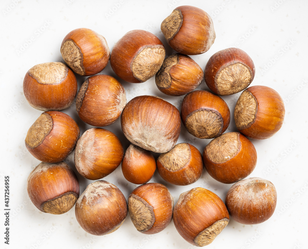 top view of pile of whole hazelnuts on gray top view of pile of whole hazelnuts on gray