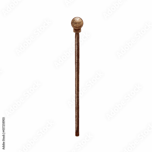 Vintage walking stick with a round steel head. Raster illustration 