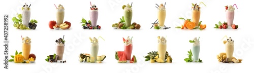 Fotografi Set of milkshakes decorated with fruits of various flavors isolated