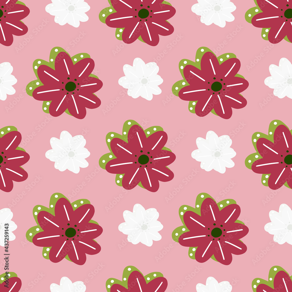 Botanic seamless pattern with doodle pink and white marguerite flowers shapes. Pastel background.