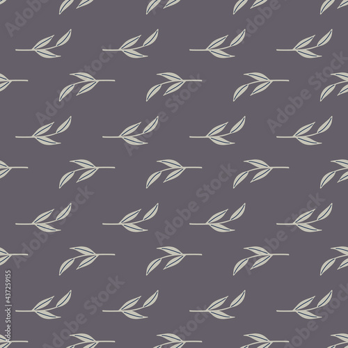 Decorative seamless pattern with grey doodle scandi leaf brnaches shapes. Dark background.