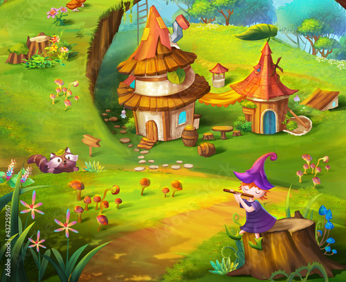 The Enchanted Garden with Elf and Raccoon. Fantasy Nature Backdrop. Concept Art. Realistic Book Illustration. Video Game Background. Serious Digital Painting. Scenery CG Artwork.