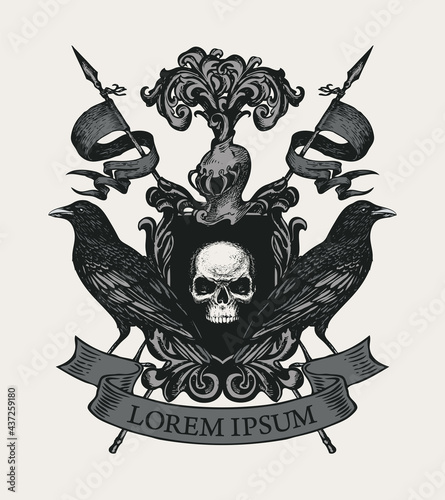 Vector Coat of arms with black ravens, flags, ribbon, knightly helmet and shield with ominous human skull. Medieval heraldry, emblem, sign, symbol in vintage style. Hand-drawn monochrome illustration