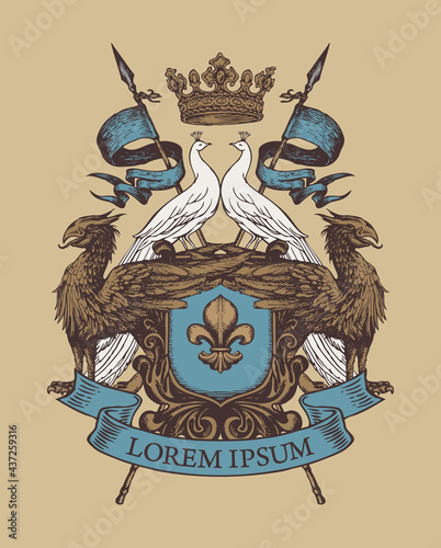 Medieval heraldic Coat of arms with griffins, white peacocks, knightly shield, spears, crown, fleur-de-lis and ribbon on a beige. Hand-drawn vector illustration in vintage style, emblem, sign, symbol