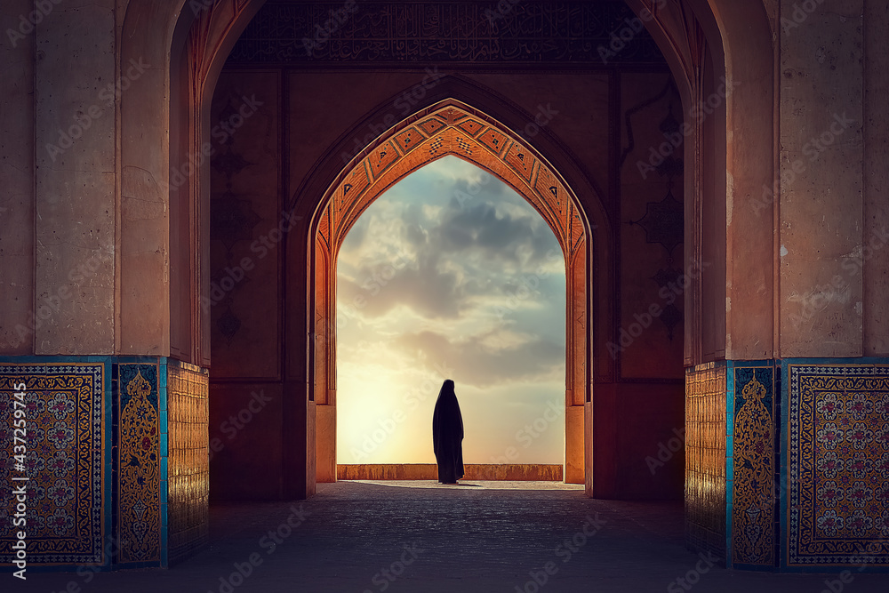 Silhouette of a Persian woman in national dress against the background of traditional Iranian architecture. Sunset. Iran. Kashan. - obrazy, fototapety, plakaty 