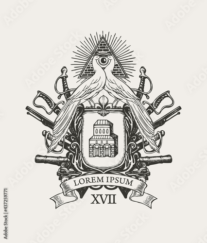 Black and white Coat of arms with peacocks, all-seeing eye, spears, sabers, swords, cannons and knightly shield with an old castle. Vector hand-drawn heraldry, emblem, sign, symbol in vintage style
