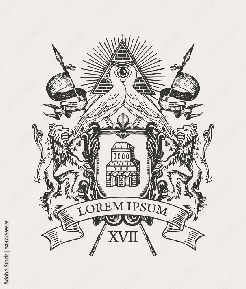 Vector handdrawn Coat of arms with peacocks, allseeing eye, lions