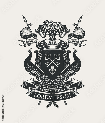Vector black and white Coat of arms with peacocks, crown, spears, flags, ribbon, knightly shield with old keys and fleur de lis. Medieval hand-drawn heraldry, emblem, sign, symbol in vintage style