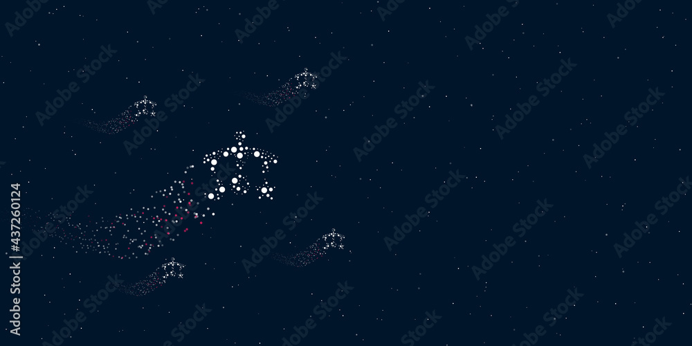 A baby mobile filled with dots flies through the stars leaving a trail behind. Four small symbols around. Empty space for text on the right. Vector illustration on dark blue background with stars